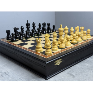 Шахматы подарочные в ларце с фигурами из самшита и палисандра черные люкс